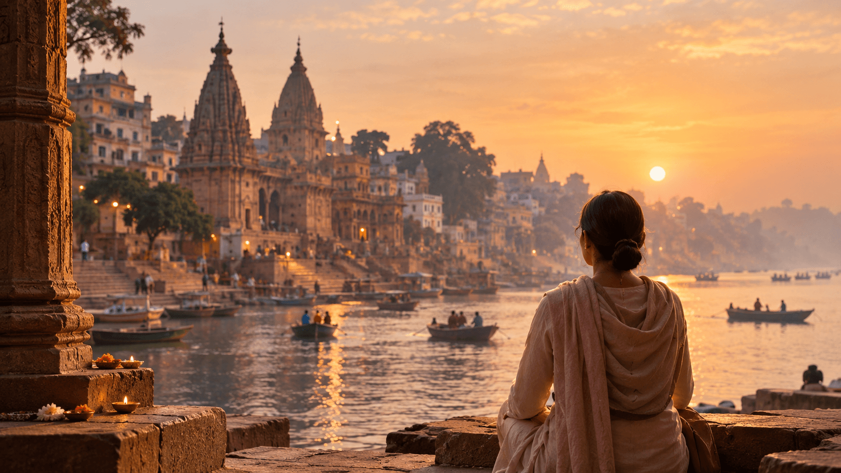 A peaceful pilgrimage scene in India at sunrise